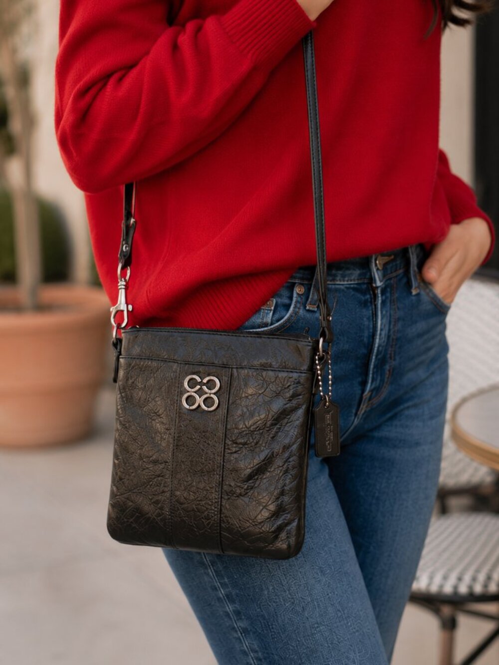 Coach Julia Black Metallic Leather Swingpack Crossbody Bag 43805